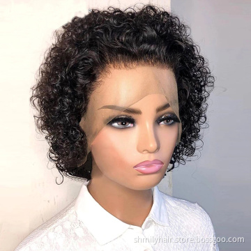 Shmily Perruque Pixie Cut Wig Human Hair Curly Bob Short Pixie Cut Lace Wig Bleached Knots Lace Frontal 13X1 Pixie Curls Wig